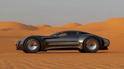 Sleek Sports Car in Desert Landscape: A futuristic sports car, sleek and elegant, stands out against a backdrop of rolling desert dunes, evoking a sense of adventure and freedom. 