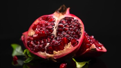 Canvas Print - Pomegranate. Fresh juicy Pomegranates with leaves isolated on black background. Beautiful Organic Bio fruits closeup, rotating. Slow motion  