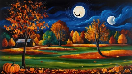 Poster - Illustration of autumn landscape of hills, night