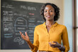 © NORN - Leading with Confidence: A charismatic businesswoman, dressed in a vibrant yellow blouse, stands confidently in front of a chalkboard filled with strategic diagrams.