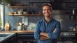 © Johannes - smiling man in blue shirt standing in modern kitchen happy domestic lifestyle portrait