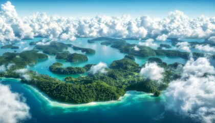 Scenic aerial panorama of a remote island surrounded by lush greenery and blue sea under a clear sky, showcasing the beauty of natures untouched landscapes