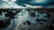 © Bos Amico - Sweeping overhead image showcasing the dramatic scale and devastation of a natural disaster with a flooded town engulfed by raging floodwaters and surrounded by ominous storm clouds looming overhead