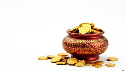 Happy Dhanteras, Happy Diwali, Elegant pot filled with golden coins, on a white background, Indian Festival, Traditional, Culture