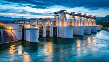 Wall Mural - Evening view of a hydroelectric power station showcasing renewable energy innovation and industrial engineering against a clear blue sky addressing climate change challenges