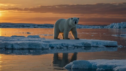 Wall Mural - Majestic polar bear on an ice floe at sunset.