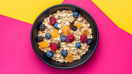 Flat lay of raw oats and dried fruits, displayed on a matte black plate with a vibrant pink and yellow background