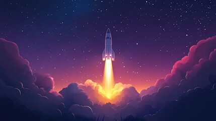 Wall Mural - a stylized illustration of a rocket launching into space at night.
