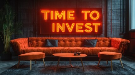 A vibrant orange tufted sofa with two small stools and a neon sign encouraging investment in a stylish setting