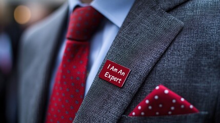 A man in a gray suit and red tie showcases his expertise with a visible badge at a networking event