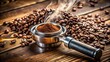 © Sandra - Close-up of a shiny metal portafilter filled with freshly ground coffee beans, sitting on a rustic wooden table, surrounded by steam and coffee-making equipment.