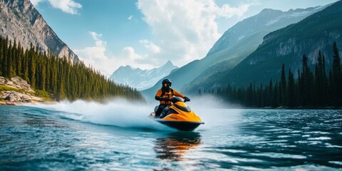 A thrilling scene of a person riding a jet ski across a beautiful blue lake. The surrounding mountains and lush forests create a stunning backdrop. Ideal for adventure and water sports themes. AI