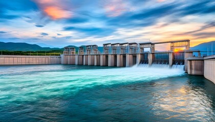 Wall Mural - Sunset over a hydroelectric power station with a serene landscape, dam river, blue sky, and clouds illuminating architecture and renewable energy in a tranquil setting