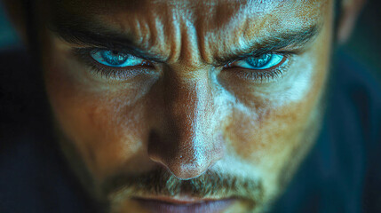 intense close-up of a man's blue eyes with furrowed brow, capturing focus and determination