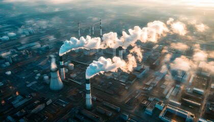 Wall Mural - Aerial Perspective of Smoggy Industrial Landscape Highlighting Pollution from Factory Chimneys and Its Impact on Global Warming and Urban Environment