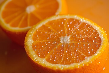 Wall Mural - Macro shot highlighting the fresh, vibrant details of a sliced orange with visible droplets.