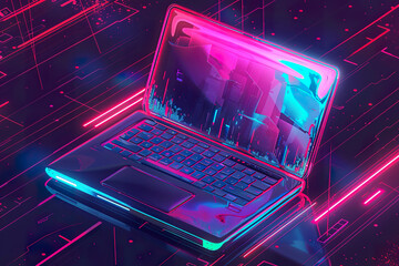 A laptop is displayed in a neon pink and purple background, generative ai.,