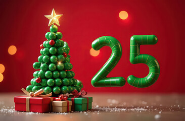 Wall Mural - letters “25”, christmas tree , with gifts under it, on a red festive background with bokeh, copyspace