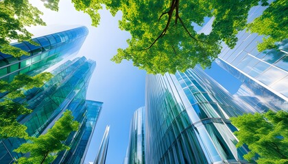 Wall Mural - Sustainable Urban Skyline with Modern Skyscrapers and Lush Greenery Emphasizing Eco-Friendly Architecture and Future Growth in a Corporate Landscape