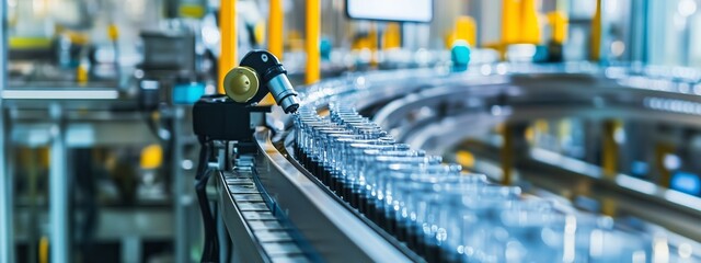 Sticker - Automated production line in a modern manufacturing facility with bottles moving on conveyor during daylight hours