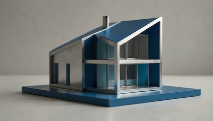 Wall Mural - Minimalist house model in silver and blue on white background.