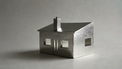 Wall Mural - Minimalist silver house model on white background.