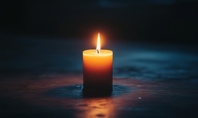 A candle is lit in a dark room. The candle is the only source of light in the room