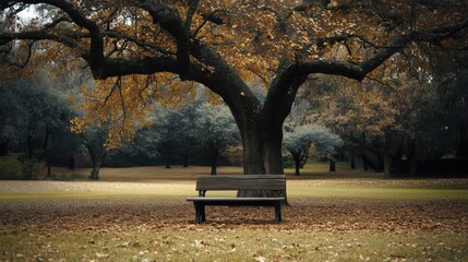Wall Mural - bench is sitting in a park with a large tree in the background. the bench is empty and the tree is b