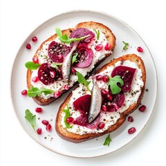 Sticker - Delicious open-faced sandwich featuring cream cheese, beets, and fresh herbs. A vibrant dish with a touch of elegance. Perfect for brunch or a light lunch. Enjoy this recipe. AI