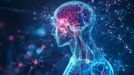Leinwandbilder - A digital rendering of a human head and torso in profile, with an emphasized brain. The rendering is stylized, with glowing blue and pink neurons connecting different parts of the brain and body