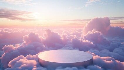 Sticker - Large cloud filled with pink and white clouds. The sky is a beautiful mix of colors, with the sun shining through the clouds. The scene is serene and peaceful