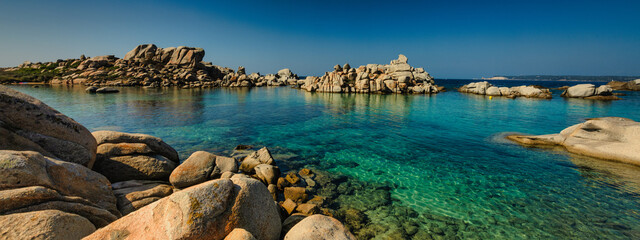 Panorama view of on spectular beach with natural granite stone - lavezzi island near Bonifacio, Corsica