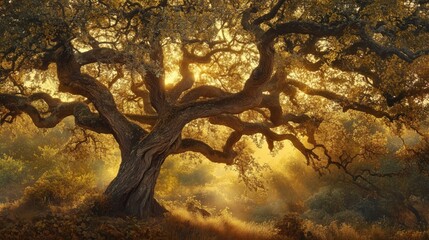 Wall Mural - large tree with a lot of branches and leaves. the tree is in the middle of a field and the sun is sh
