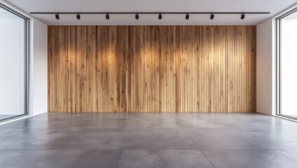 Large room with wooden walls and a concrete floor. The room is empty and has no furniture