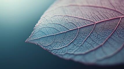 leaf with a blue background. the leaf is very thin and has a lot of detail. the background is blue a