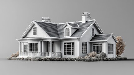 3D Rendered White House Model with Porch, Windows, and Landscaping on Gray Background