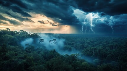 Wall Mural - stormy sky with lightning and rain. the sky is dark and the trees are covered in mist