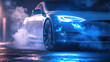 © kvladimirv - Futuristic Electric Car in Misty Night with Blue Neon Lights and Smoky Background