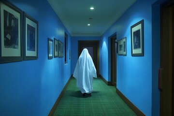 Mysterious figure in a haunting hallway