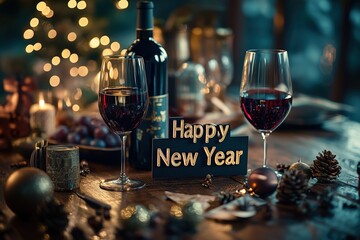 Happy new year golden letters decoration on the wooden dressed table with a bottle and  2 glasses  of red wine. Christmas tree on the background. 