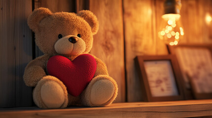 Teddy bear with a red heart sitting on a wooden ledge, illuminated by warm string lights, evoking feelings of love and warmth in a romantic setting.