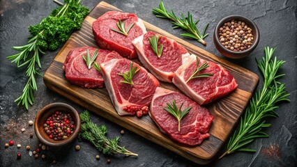 Freshly cut raw steaks arranged on a rustic wooden cutting board, surrounded by fresh parsley and rosemary, on a dark stone kitchen counter background.