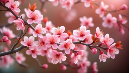 Wall Mural - Delicate pink cherry blossoms gracefully contrast with a softly blurred backdrop