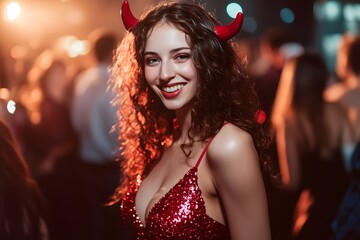 Smiling woman in red sequin dress and devil horns