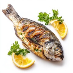 Wall Mural - Grilled fish served with fresh lemon slices and parsley on a white background. A delicious seafood dish emphasizing culinary elegance and healthy eating. Perfect for food photography. AI