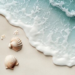 Wall Mural - A serene beach scene featuring gentle ocean waves and beautiful seashells. The soft colors create a calming atmosphere, perfect for relaxation and inspiration.