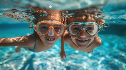 Two kids swim underwater and pose for the camera