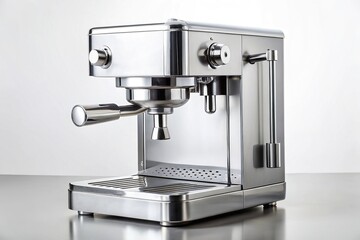 A solitary, sleek silver espresso machine stands upright against a pristine white background, its modern design and metallic finish gleaming with subtle sophistication.