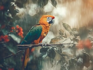 A colorful parrot is perched on a branch in the rain. The parrot is surrounded by green leaves and red flowers.