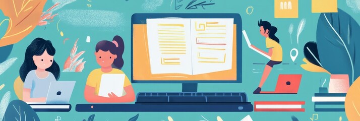 Online education concept banner. Vector layout for website page. Illustration in flat style with people studying remotely. 